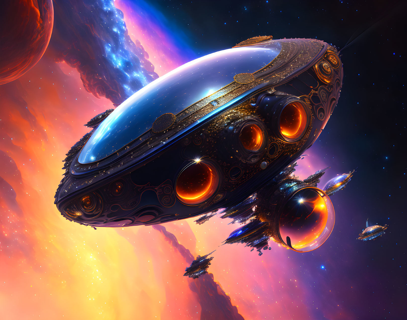 Ornate futuristic spaceship in vibrant cosmic space