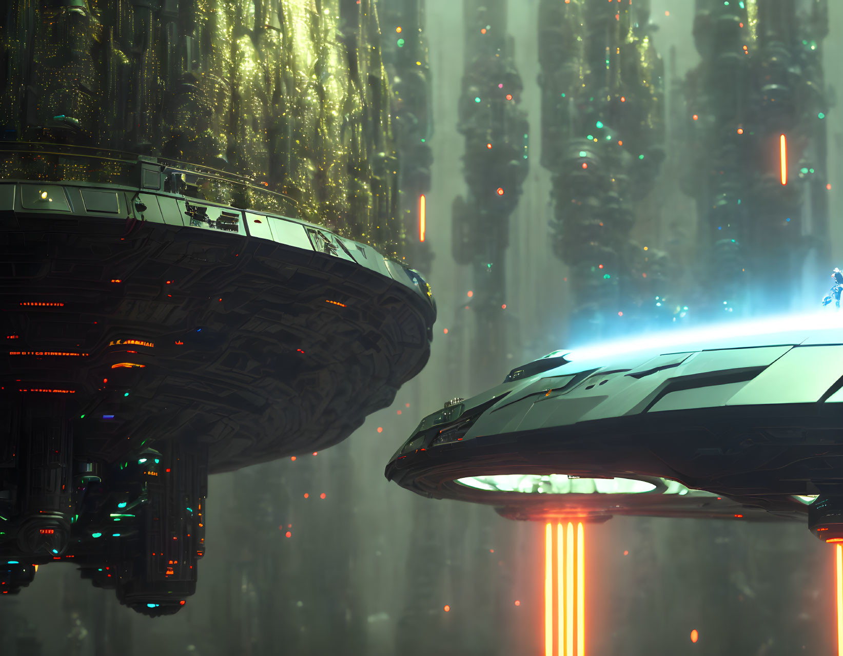 Futuristic spaceships near neon-lit cityscape