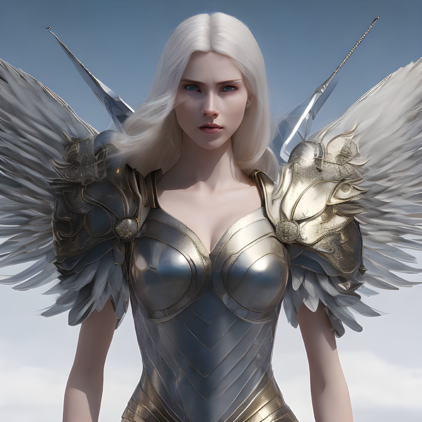 Digital artwork: Woman with white hair, blue eyes, silver and gold armor, intricate designs, majestic