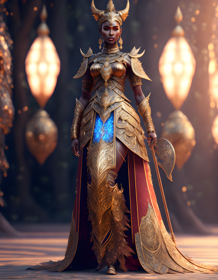 Female warrior in golden armor with sword in mystical forest.