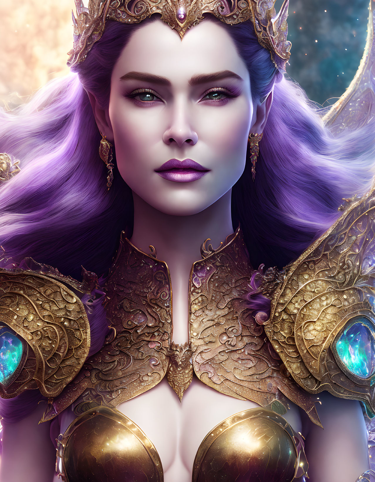 Regal figure in purple hair, golden armor, and majestic crown.