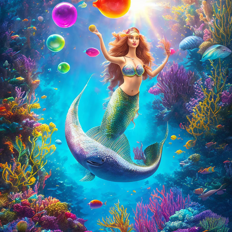 Colorful Underwater Scene with Mermaid, Whale, Fish, Corals, and Bubbles