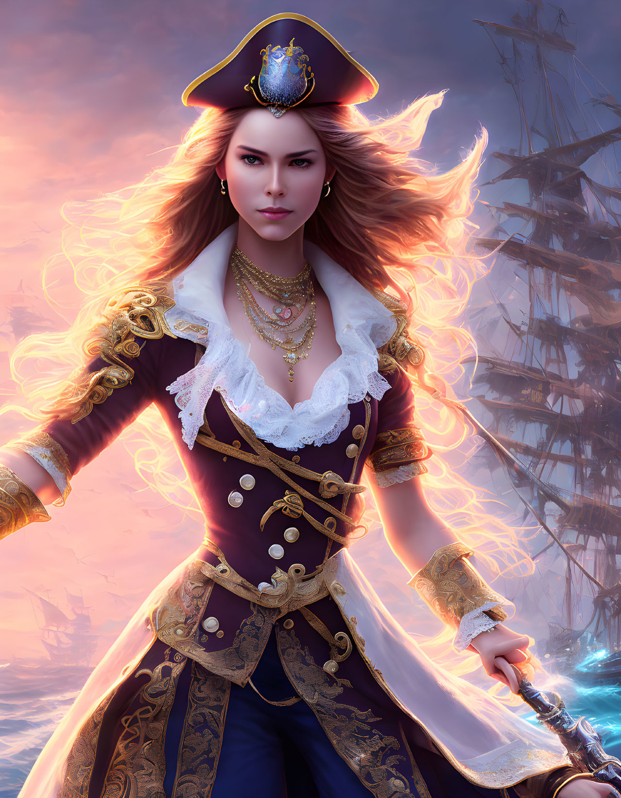 Digital artwork: Fierce female pirate with flaming hair, ornate tricorn hat, navy coat,