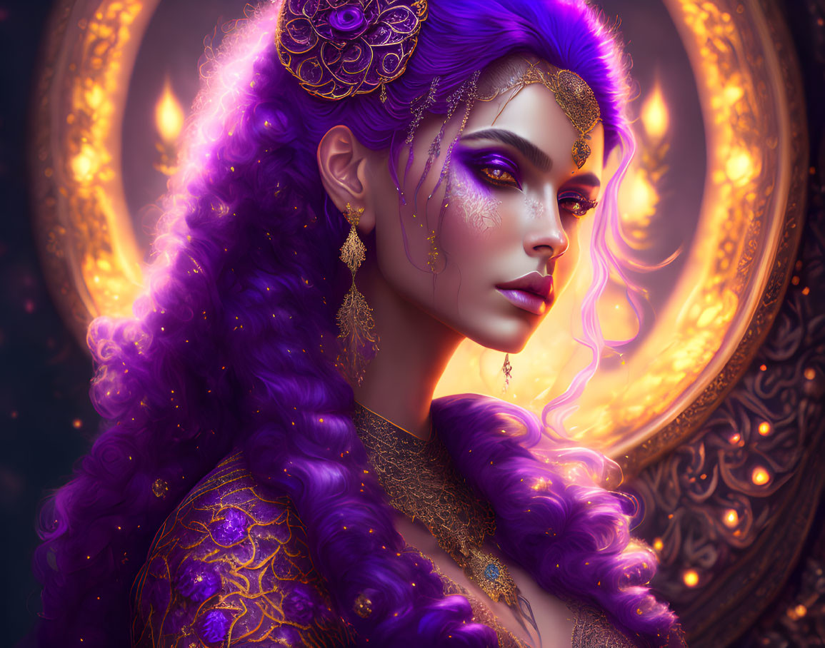 Fantasy digital artwork of woman with purple hair and gold jewelry