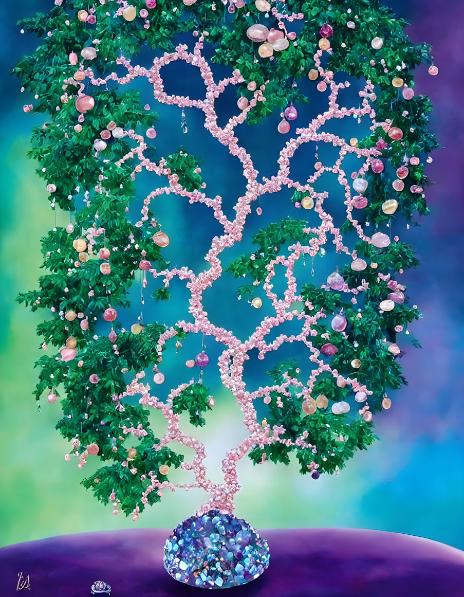 Colorful heart-shaped tree illustration on crystal base in blue-green gradient.