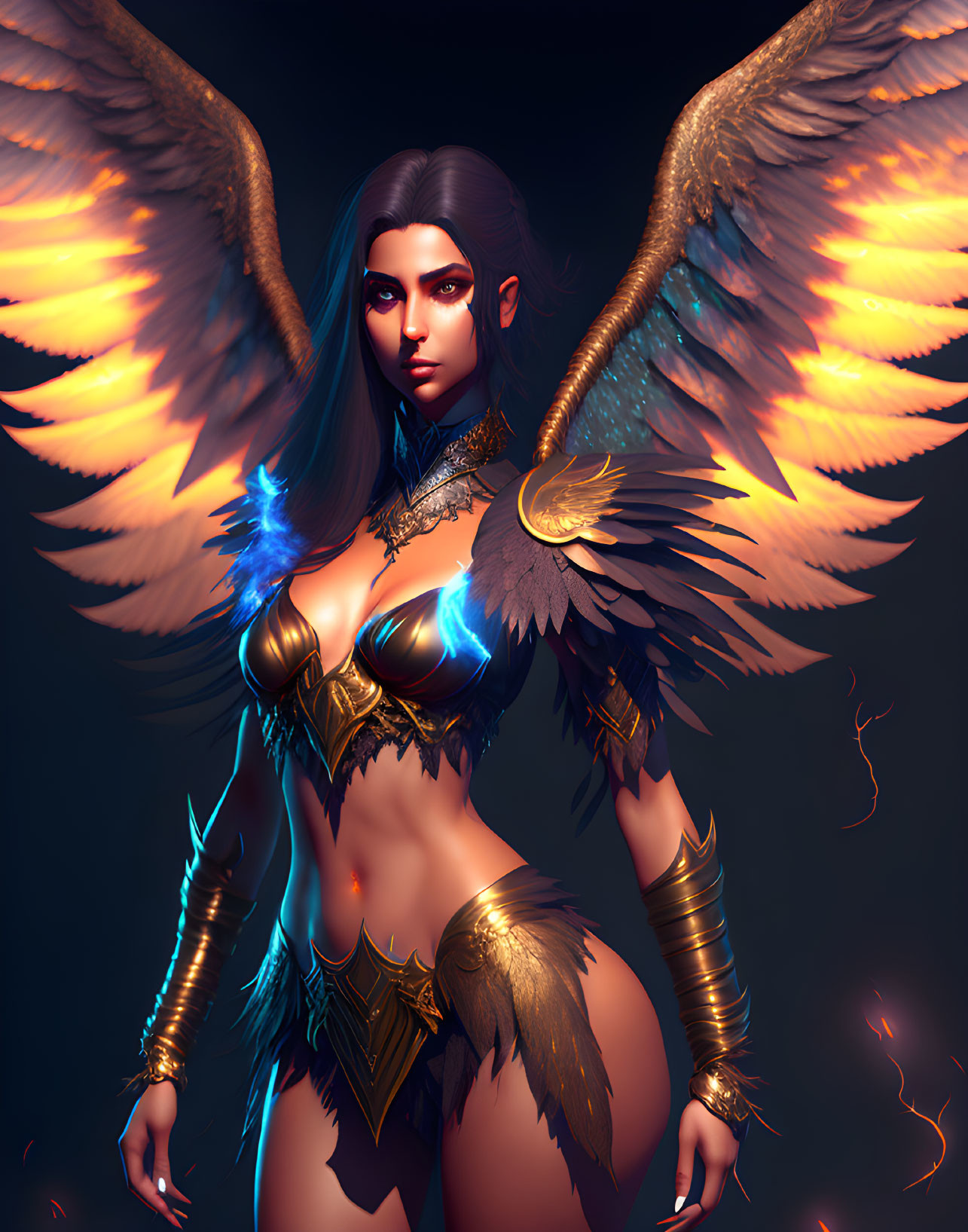 Fantasy digital artwork: Female character with glowing wings and blue flame in golden armor