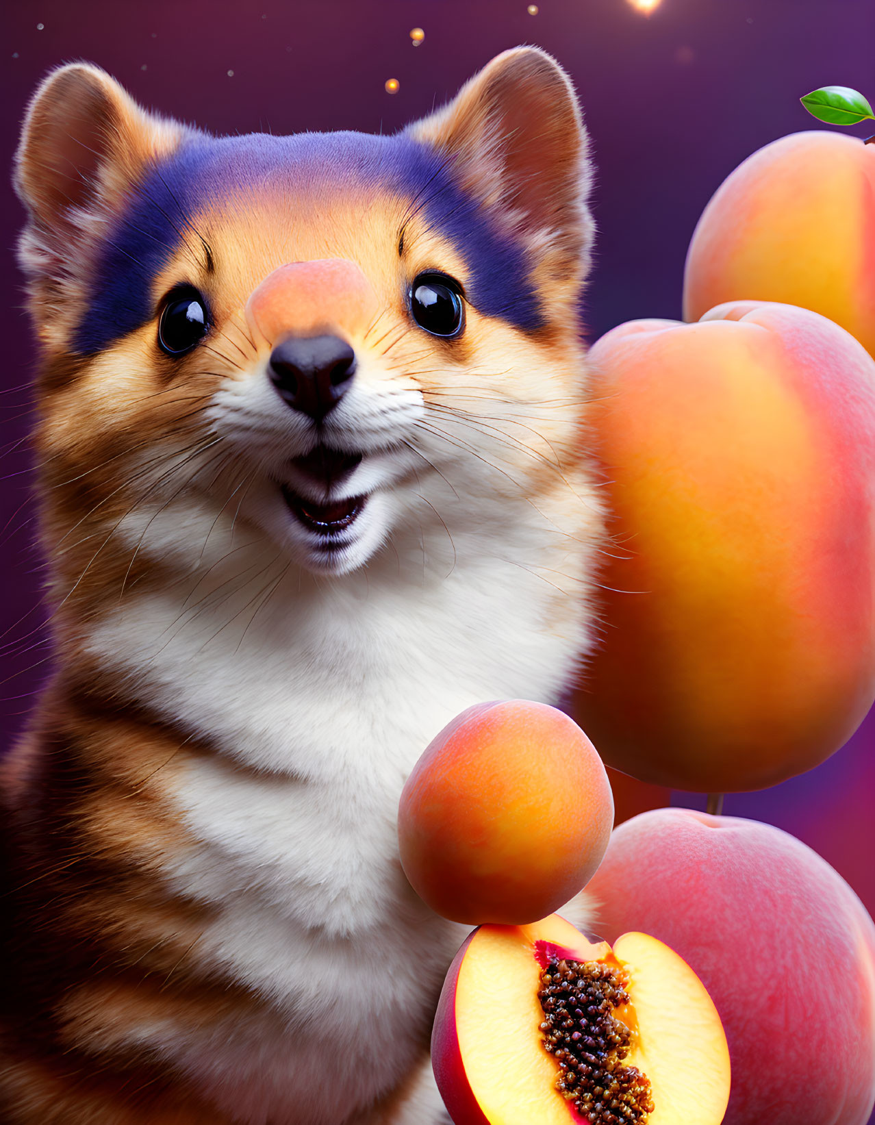 Whimsical creature with tiger body and Shiba Inu head among floating peaches on purple background