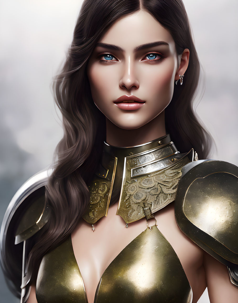 Portrait of Woman with Striking Blue Eyes in Golden Armor