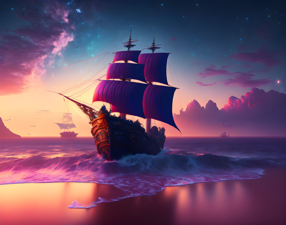   A pirate ship on a mystical sea,