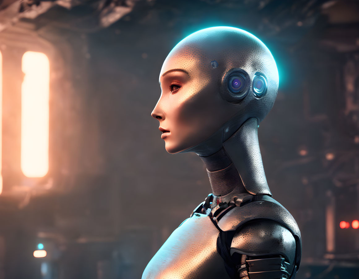 Detailed humanoid robot profile with sleek design against futuristic background