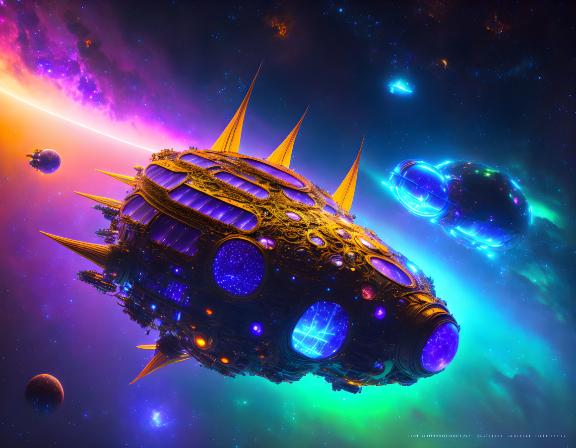 Detailed Alien Spacecraft Surrounded by Colorful Nebulae in Deep Space