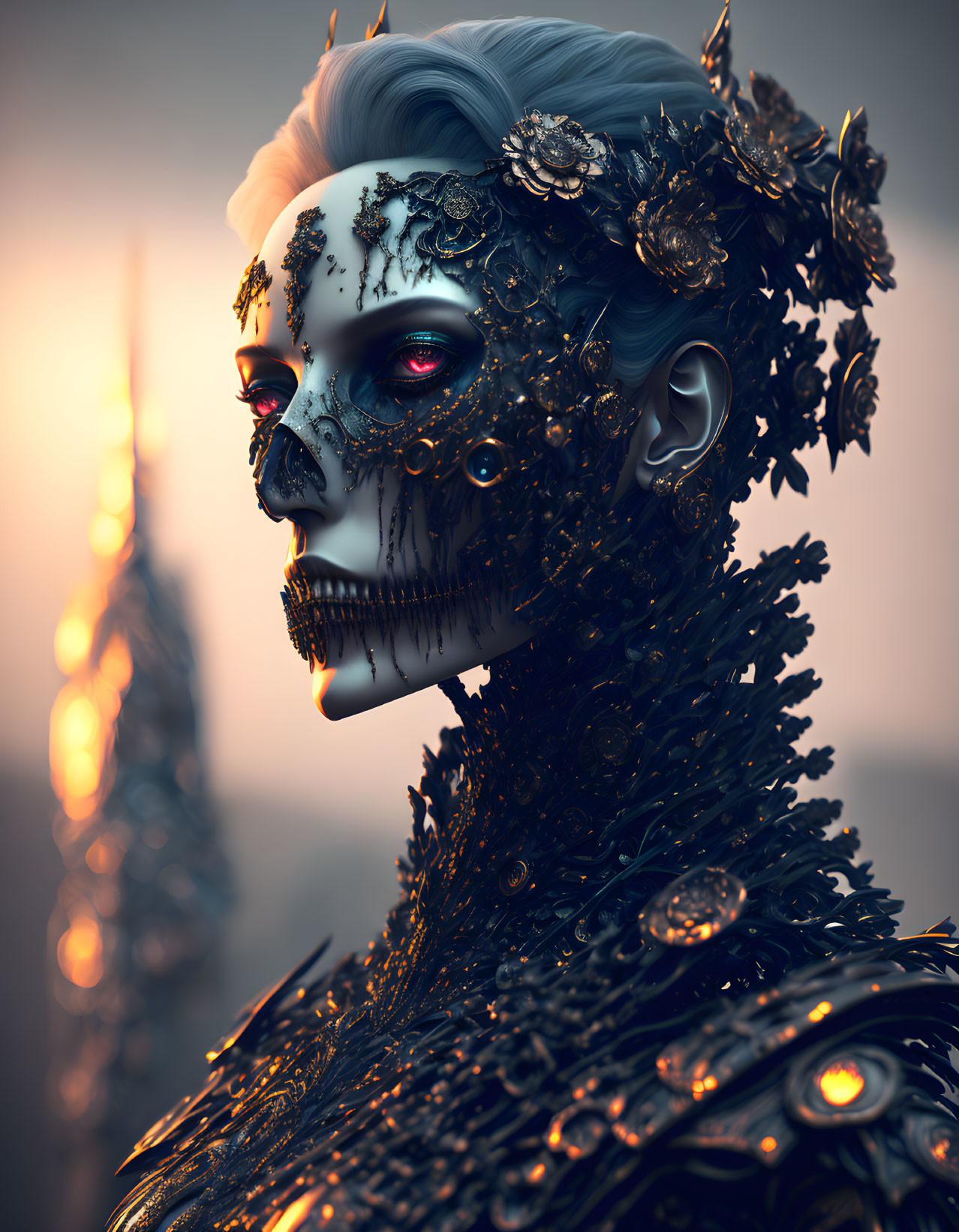 3D-rendered art: Person with half skull makeup and ornate black floral elements