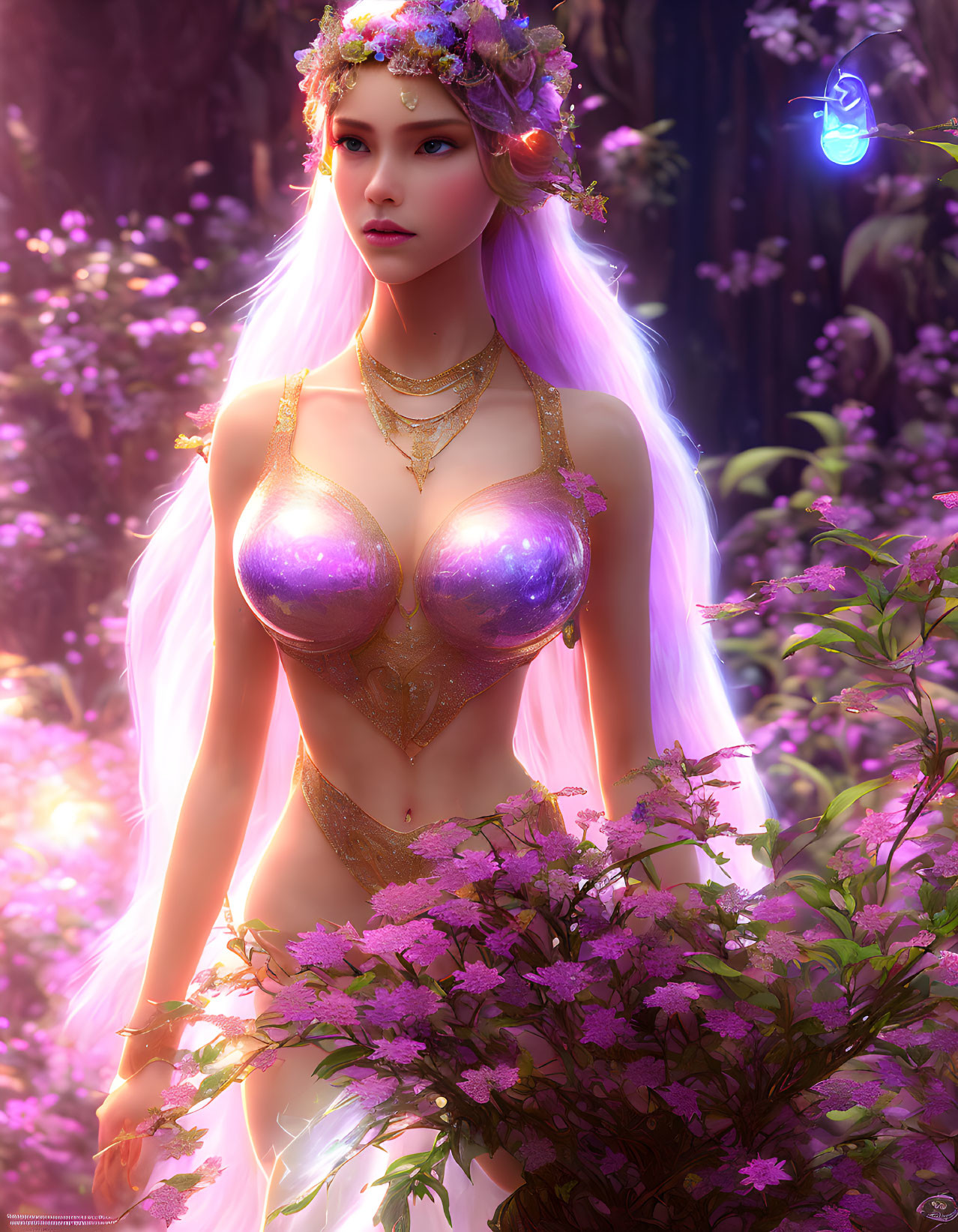 Digital fantasy portrait: Woman with purple hair, floral crown, golden corset in mystical forest