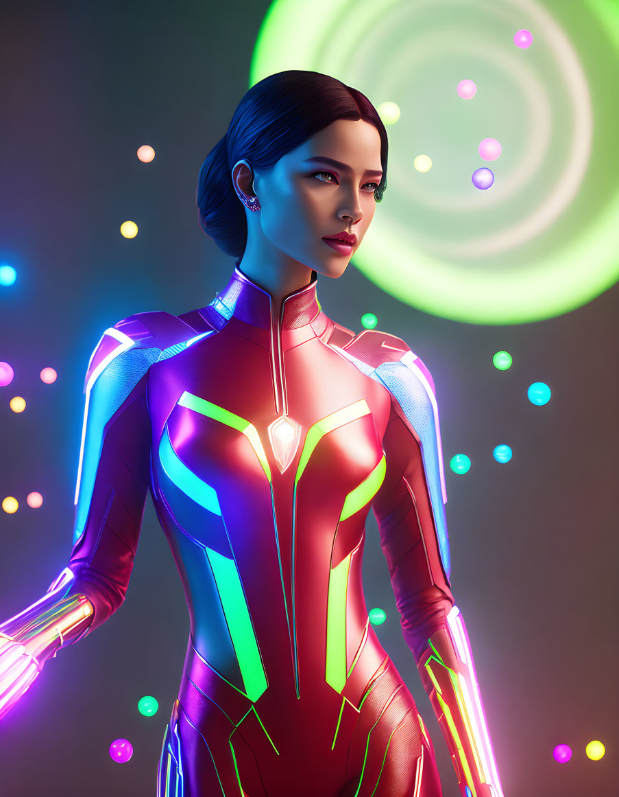 Futuristic female character in neon suit with glowing orbs