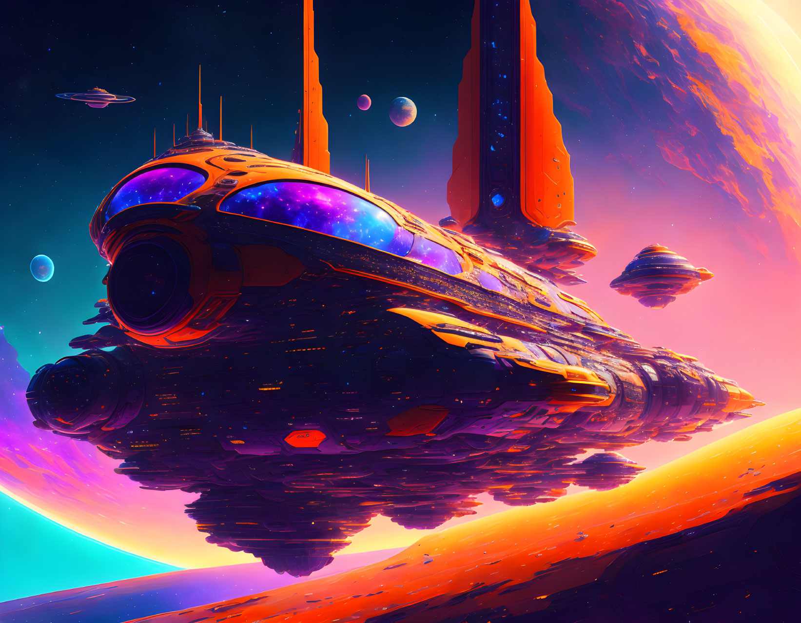 Futuristic sci-fi scene with spaceship over alien landscape