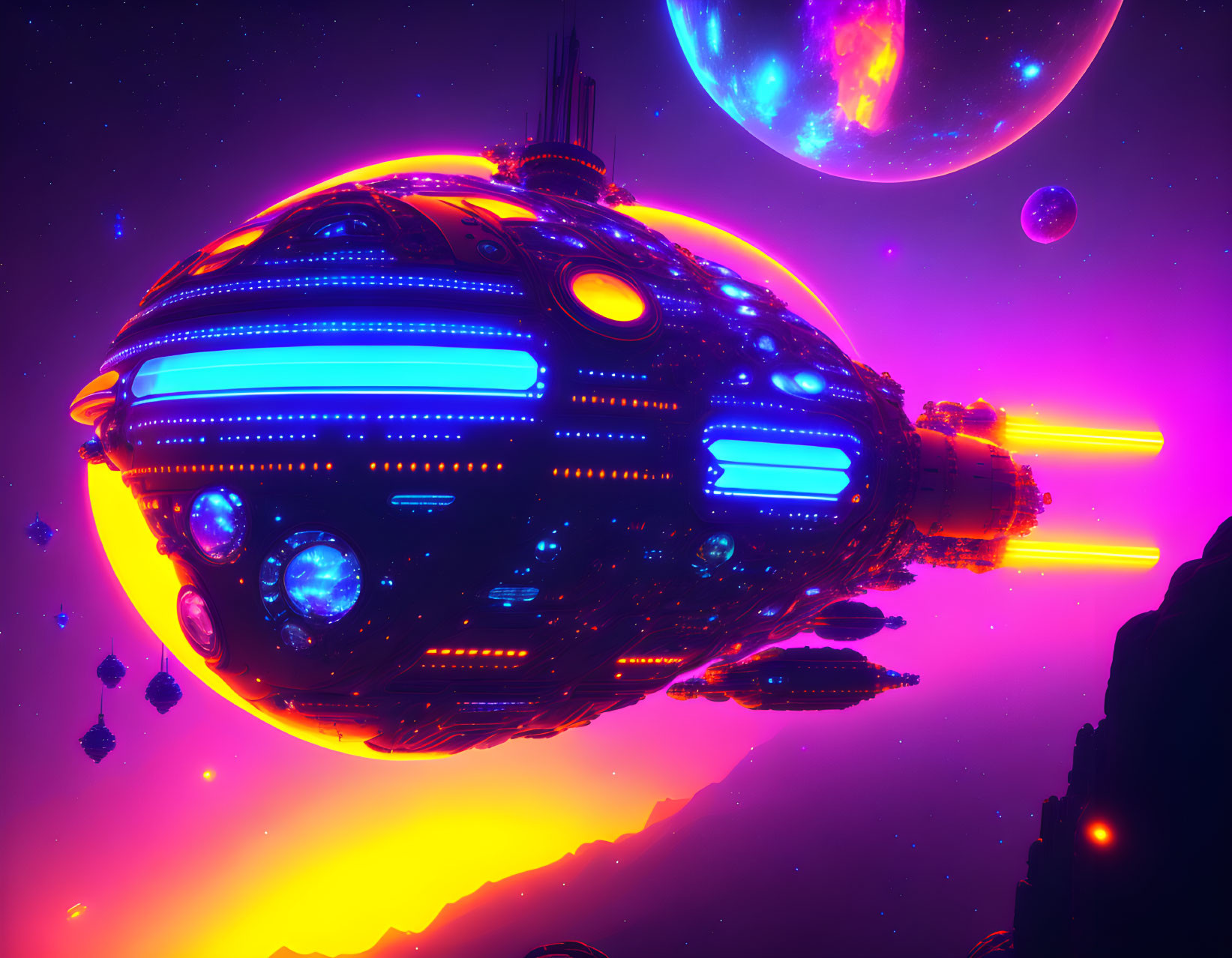 Futuristic spaceship with glowing lights in vibrant space scene