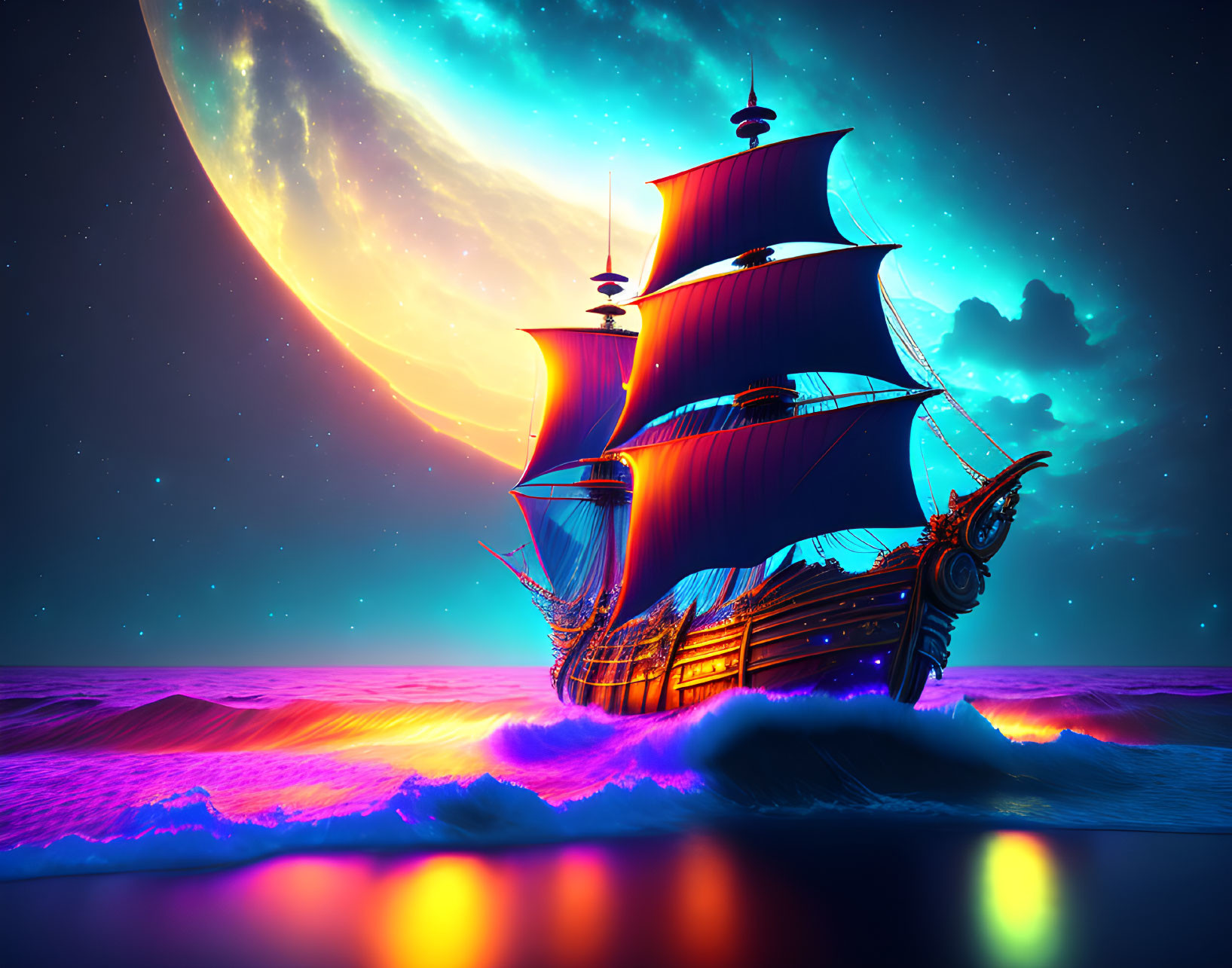 Digital artwork: Vibrant sailing ship on neon sea under cosmic moon