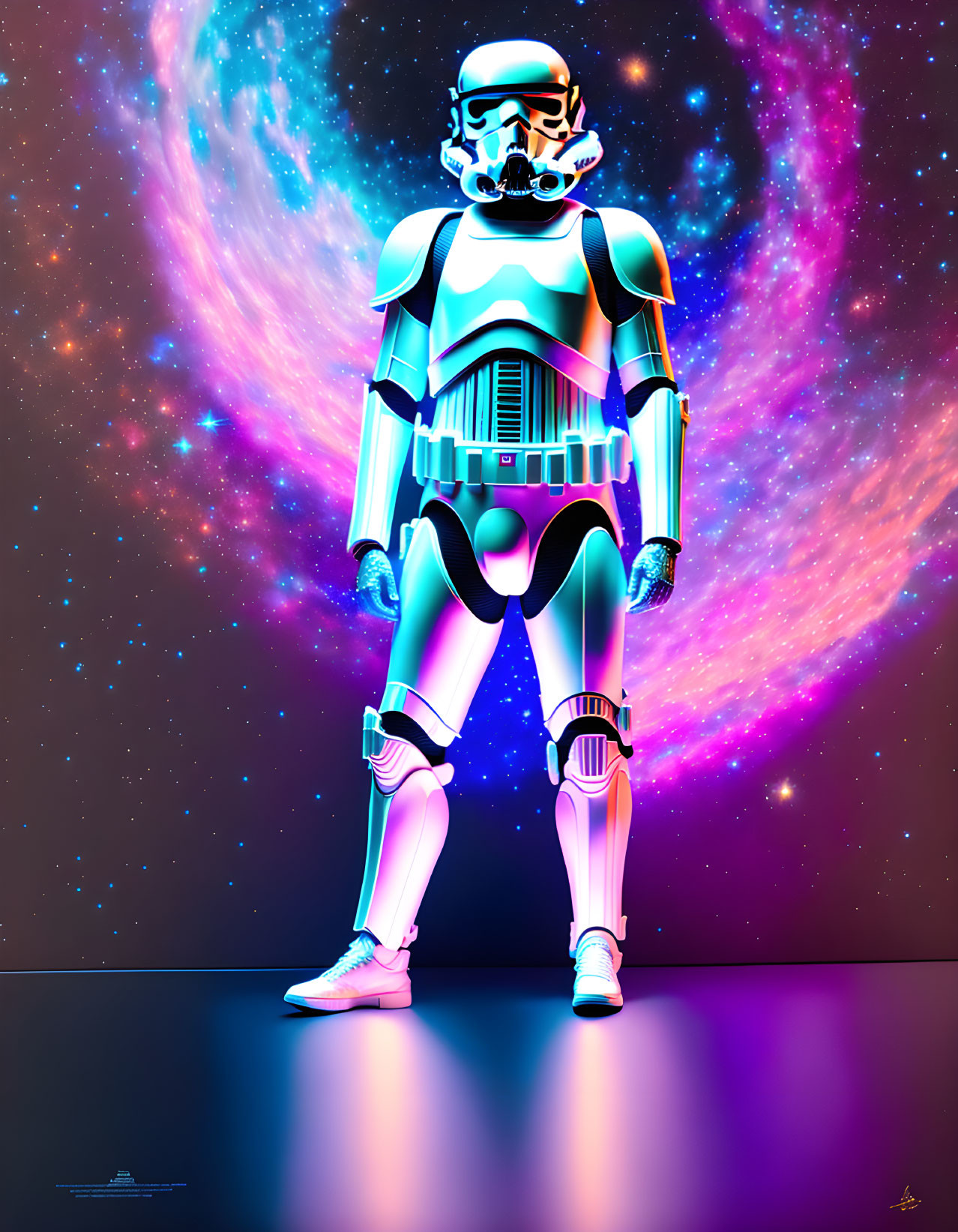 Colorful digital artwork: Stormtrooper against cosmic nebula.