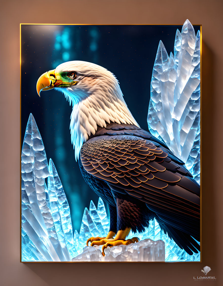 Majestic bald eagle on rock with blue crystal background in framed artwork