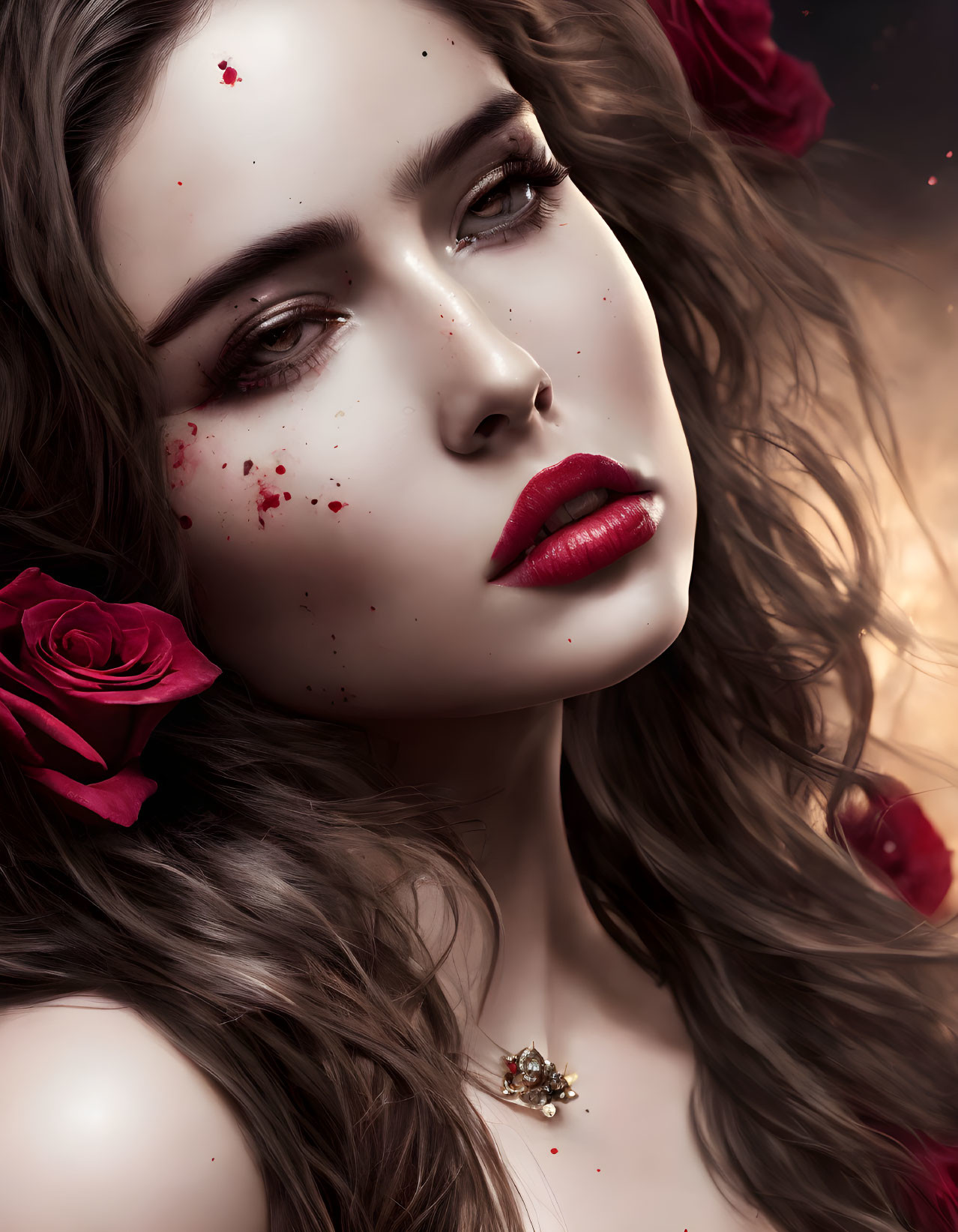 Intense gaze woman portrait with red lips and roses in hair