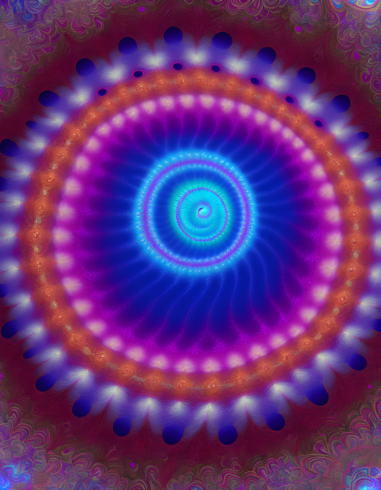 Colorful fractal image with central spiral pattern in blue and purple, surrounded by red and orange feather