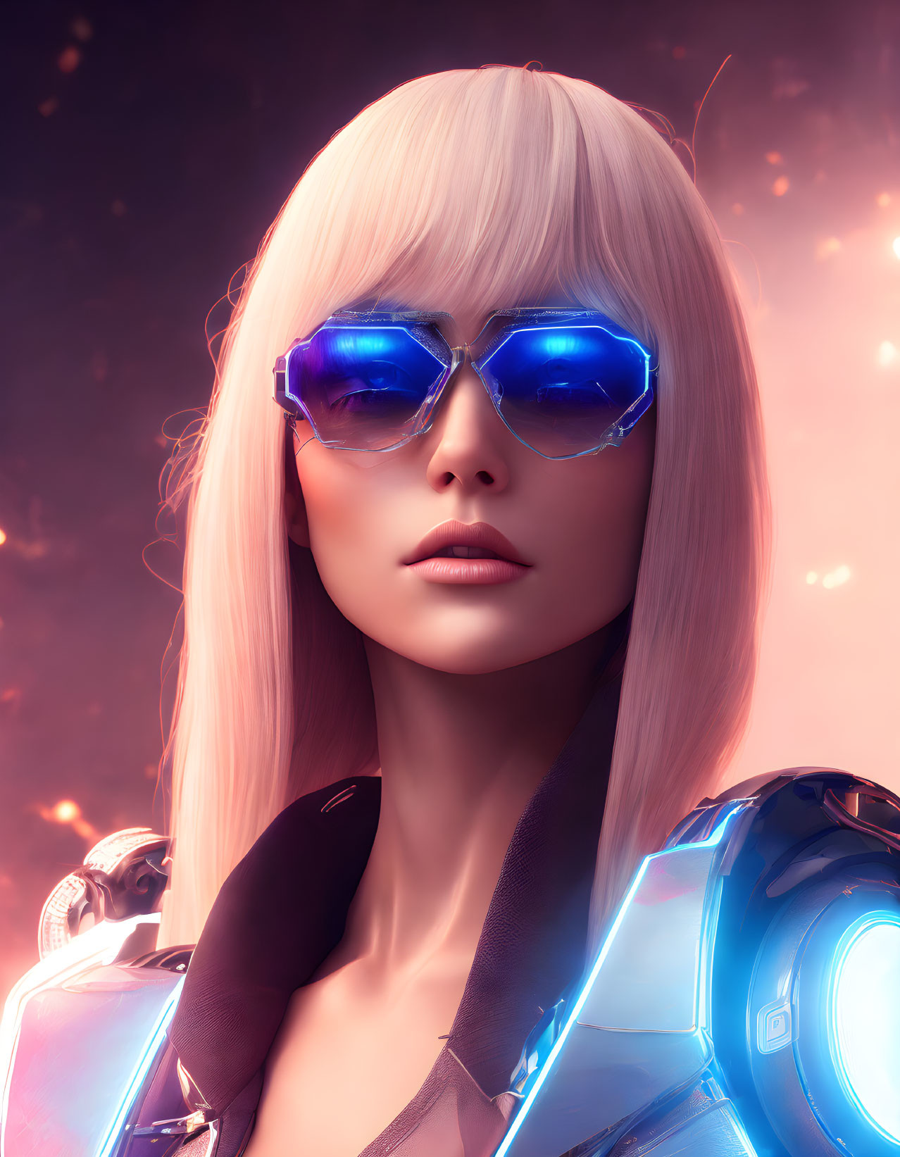 Platinum blonde female character in futuristic armor and blue sunglasses