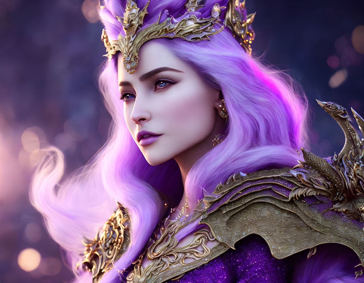 Fantasy queen with violet hair, golden crown, and armor in digital art