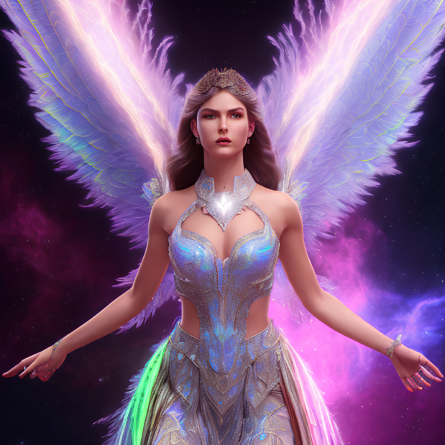 Majestic angelic figure with iridescent wings in cosmic scene