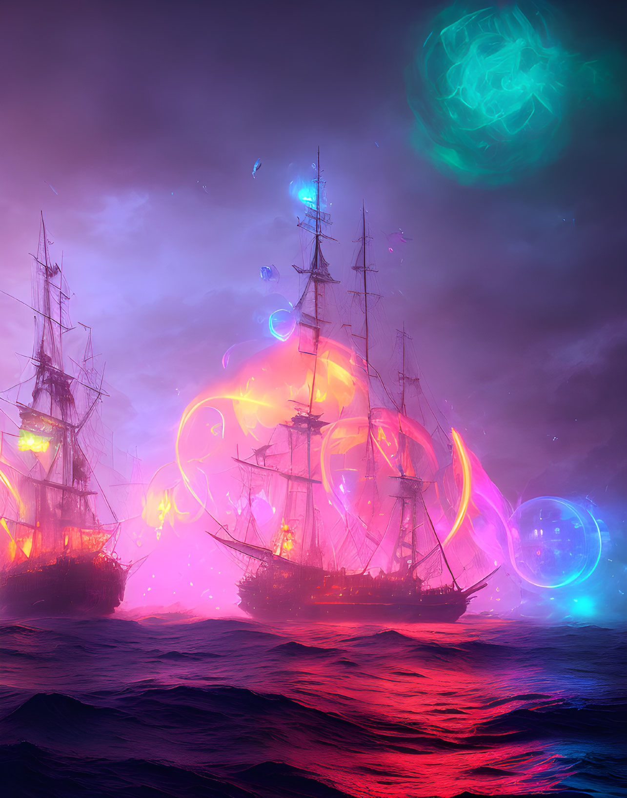 Sailing ships on tumultuous sea with glowing orbs and jellyfish-like entities