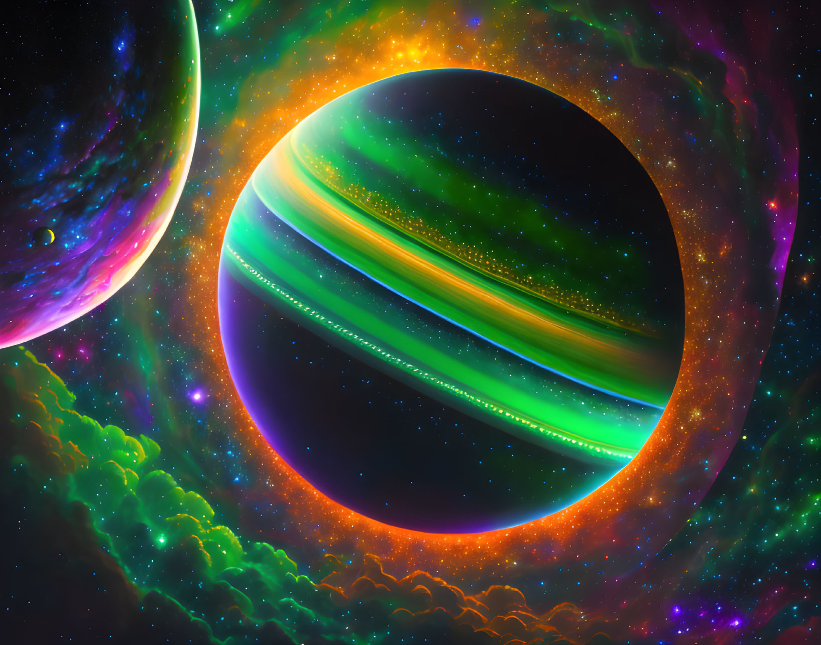 Colorful Ringed Planet and Celestial Body in Cosmic Scene