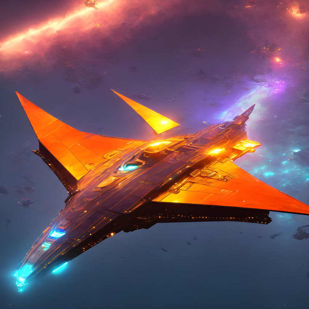 Colorful Sci-Fi Scene: Orange Starship in Vibrant Nebula