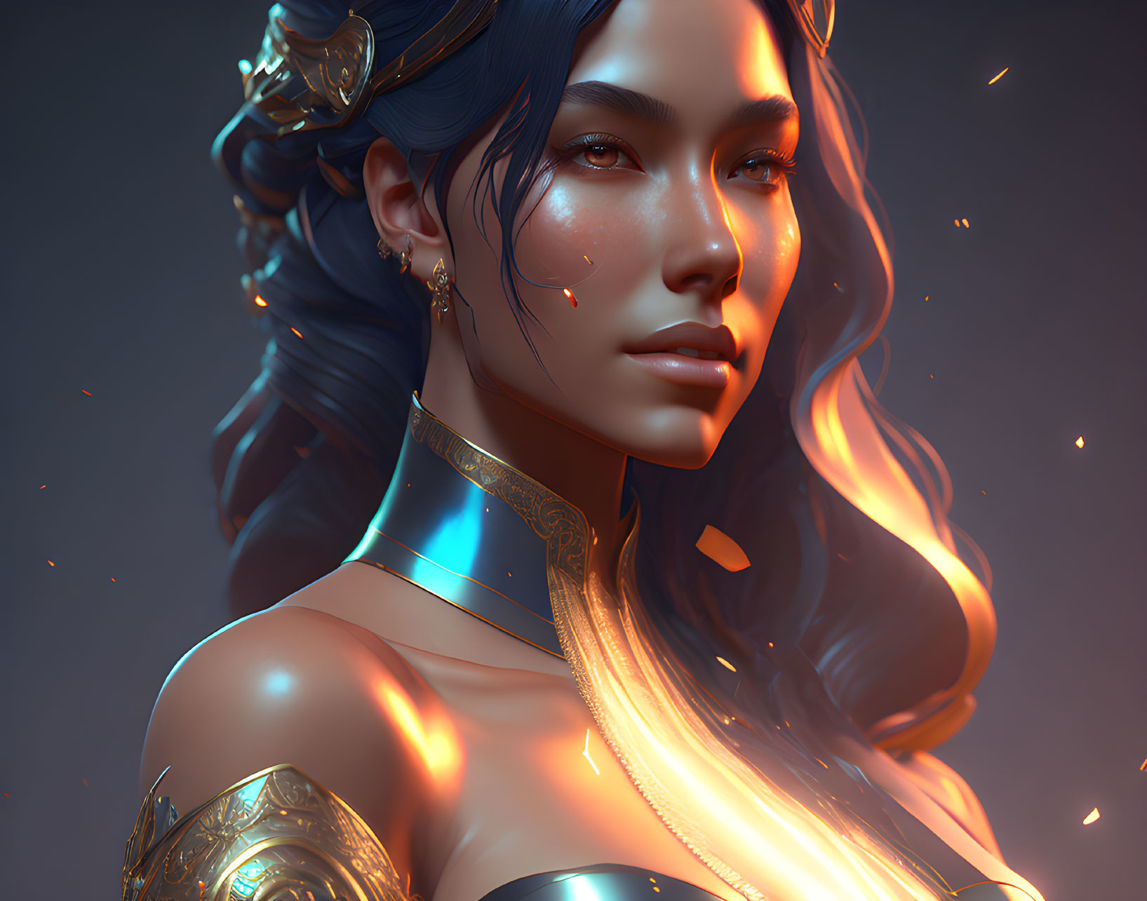 Digital artwork of woman with gold jewelry, tattoos, blue accents, and glowing embers.