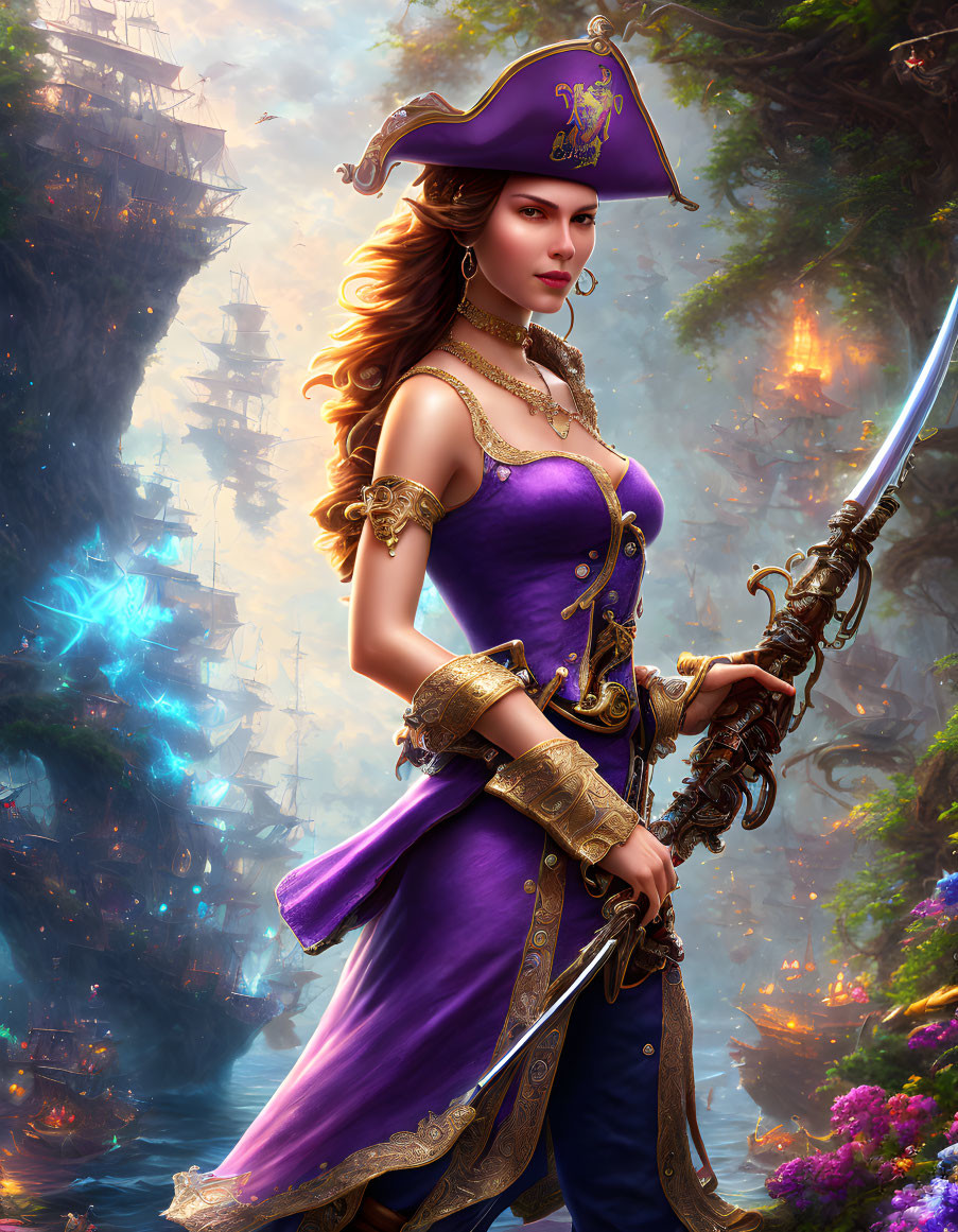 Digital art: Woman in purple pirate costume with tricorne hat and golden sword in mystical forest.