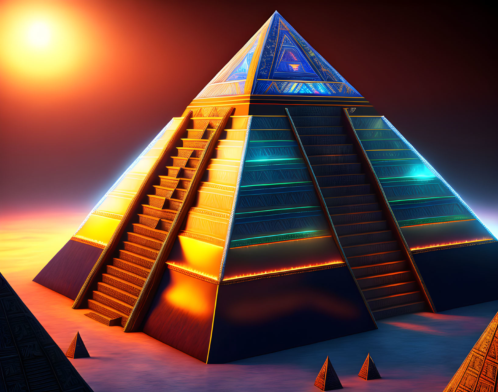 Futuristic neon-lit pyramid under orange dusk sky