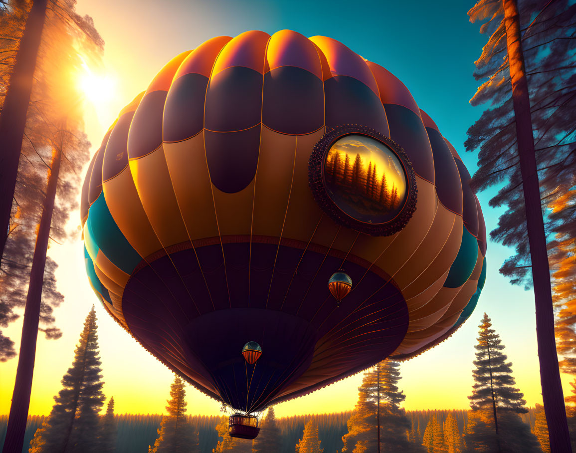 Colorful hot air balloon floating above forest under warm sunlit sky