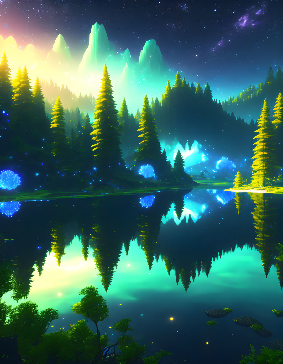 Tranquil Night Landscape with Aurora Borealis and Pine Forest Reflecting in Lake