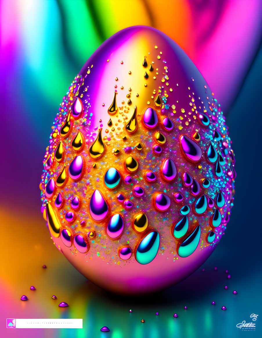 Colorful Easter Egg with Glitter Droplets on Rainbow Background