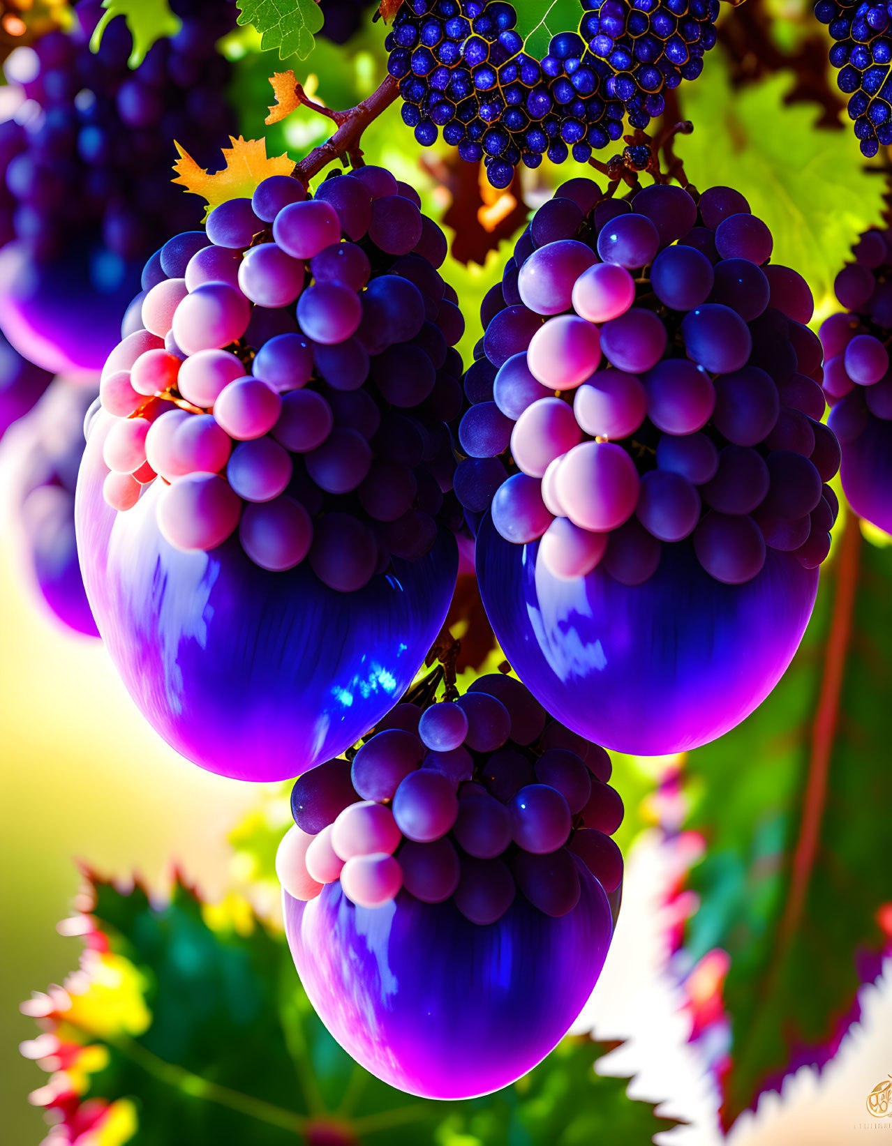 Ripe purple grapes on vine with green leaves