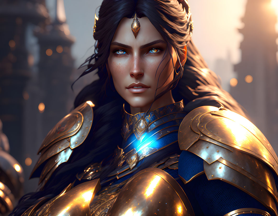 Female warrior digital artwork with blue eyes, dark hair, golden armor, mystical city background