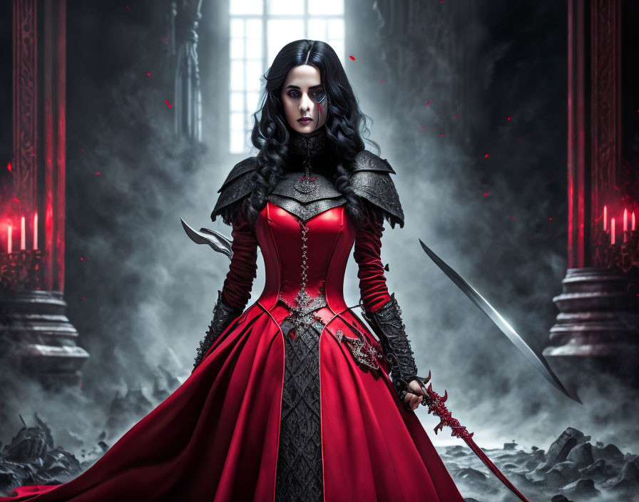 Woman in red and black gothic dress with sword in dark, candle-lit chamber