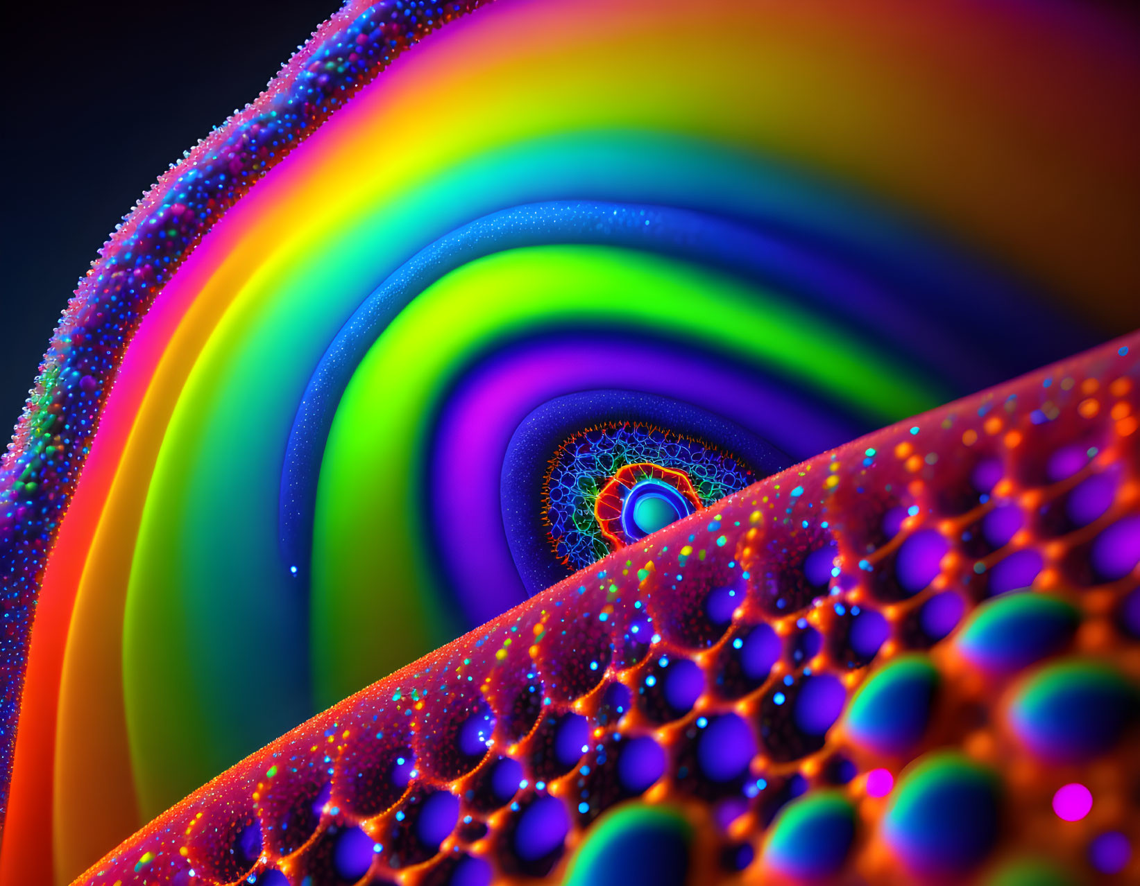 Colorful Spiral Fractal with Water-Droplet Texture on Dark Background