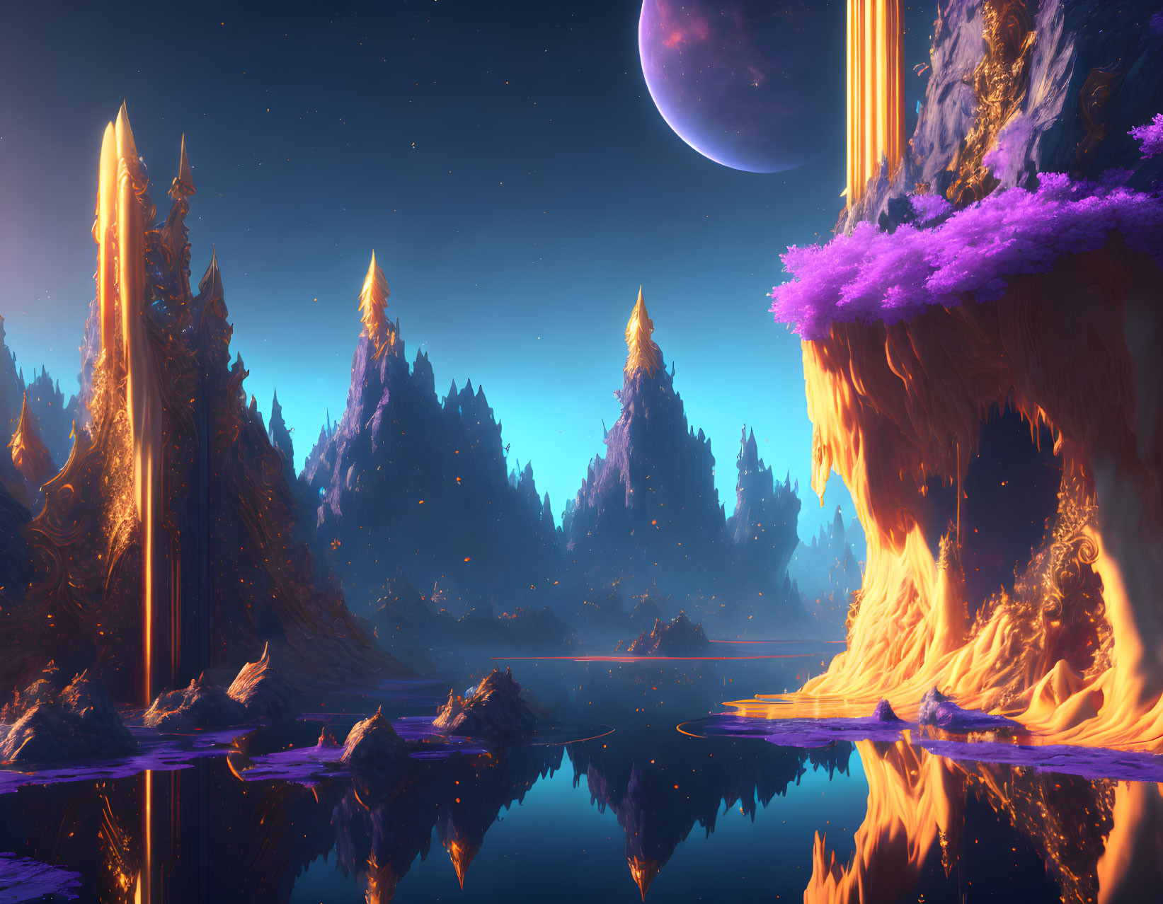 Alien landscape with glowing lava flows, purple foliage, serene lake, and large moon