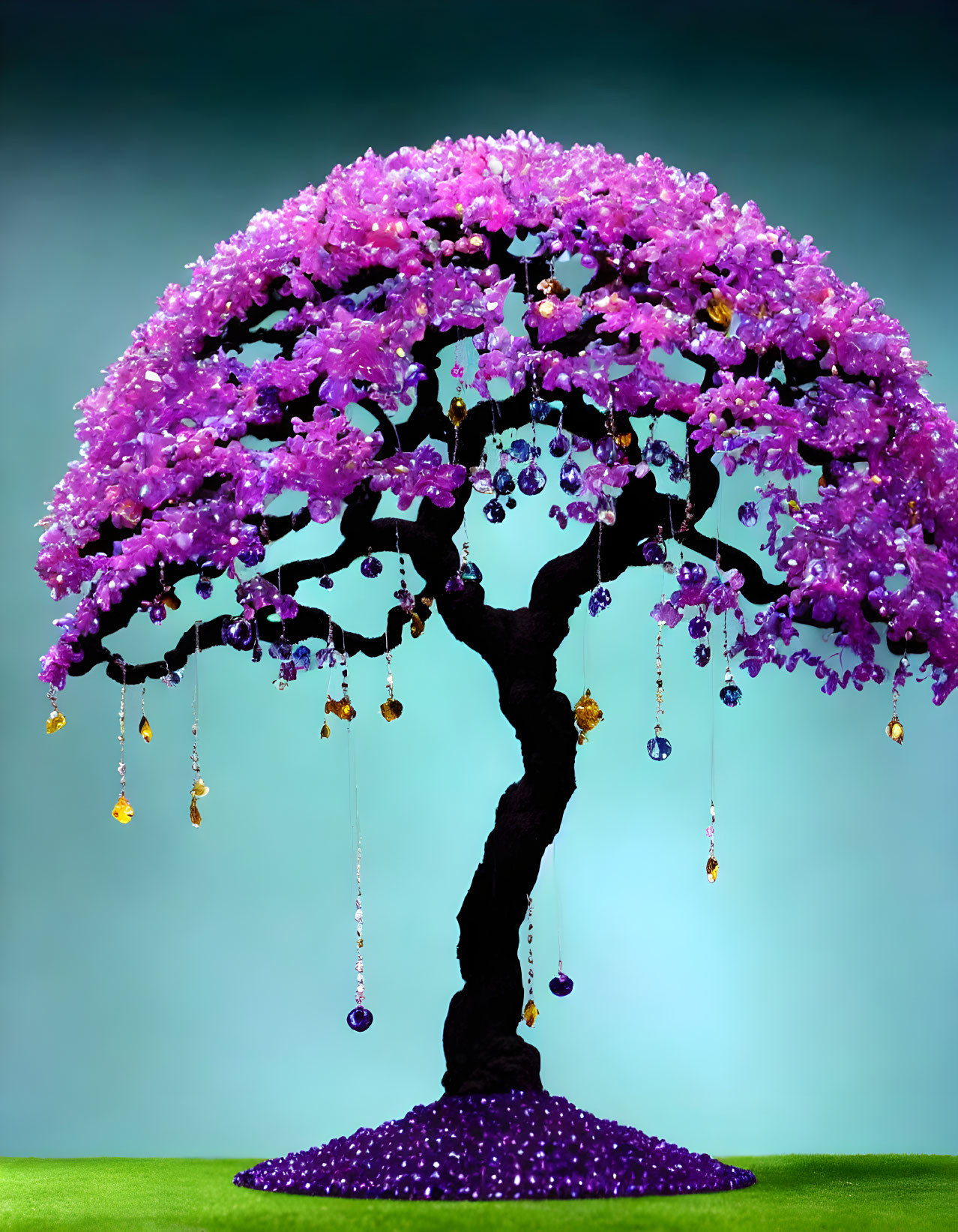 Vibrant purple flowers on dark trunk tree with golden ornaments on blue-green background