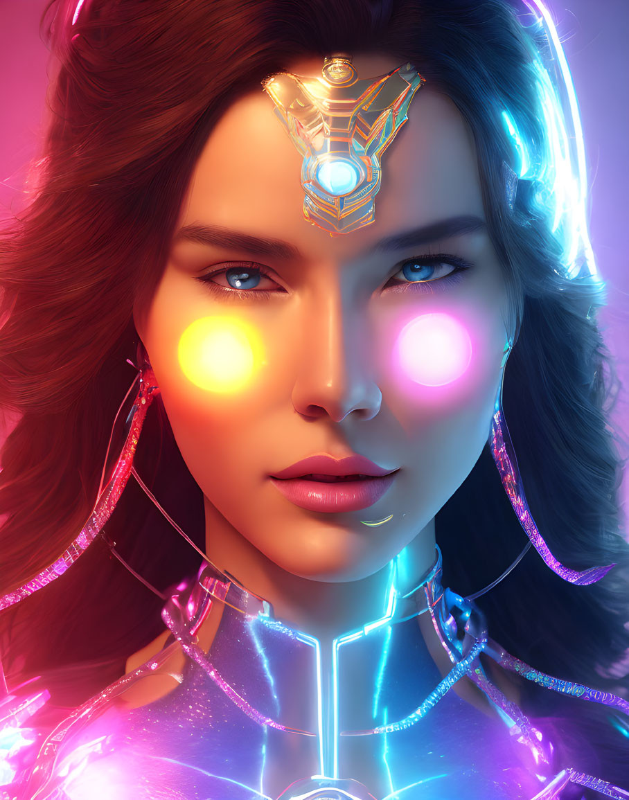 Futuristic digital artwork of female with glowing eyes and neon lights