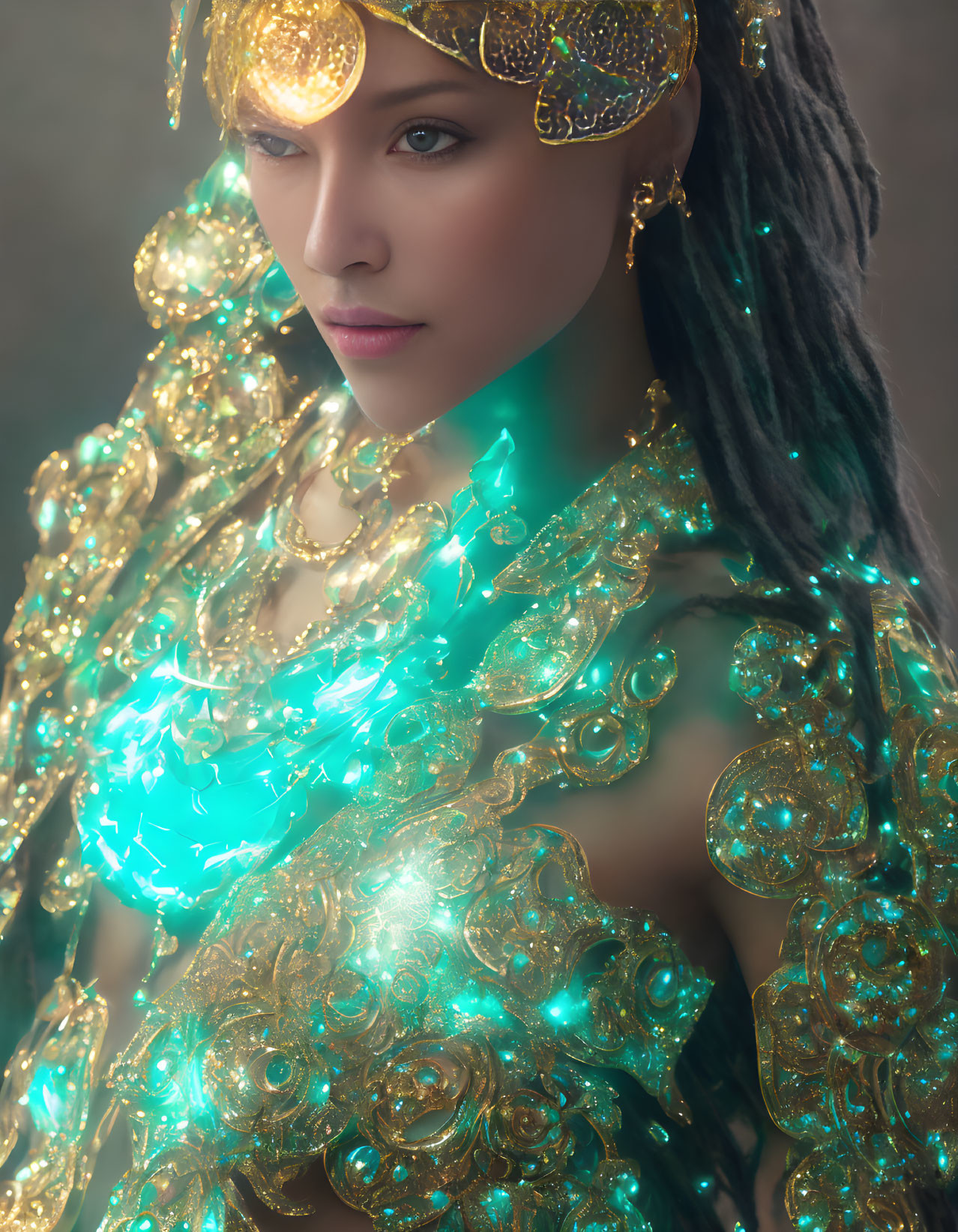 Ethereal woman in ornate golden costume with turquoise accents