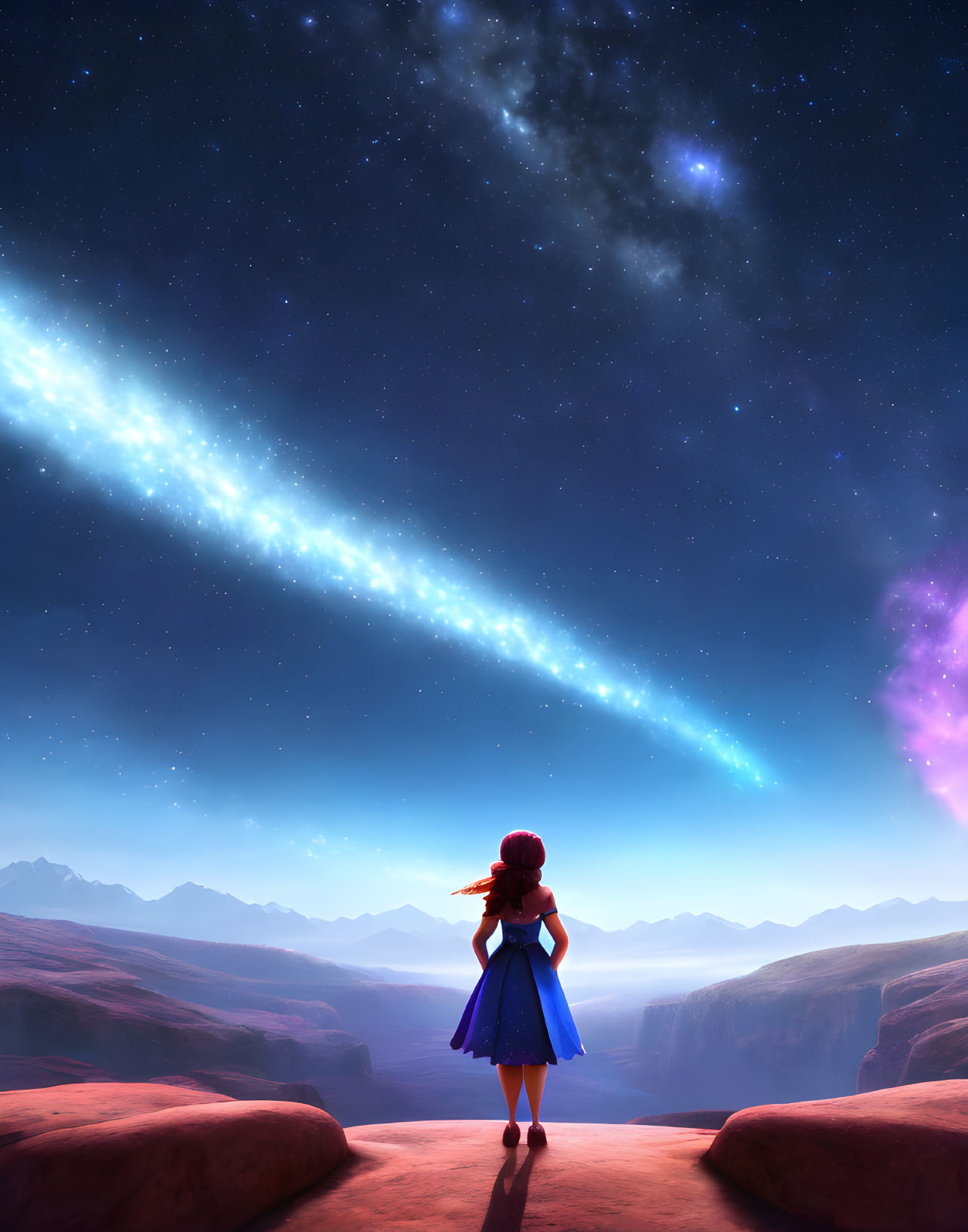 Red-haired girl gazes at night sky with stars, nebulae, and comet.