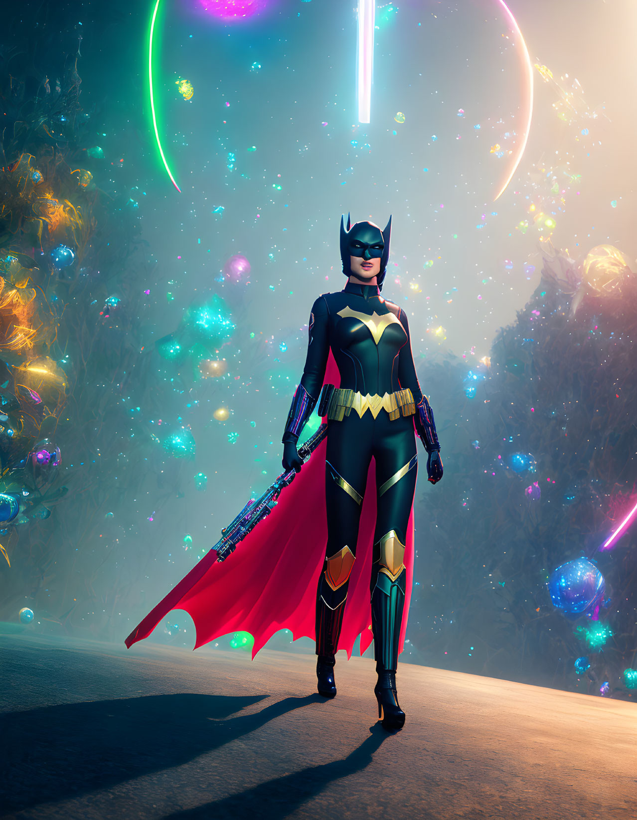 Stylized Batwoman in modern costume with cosmic background