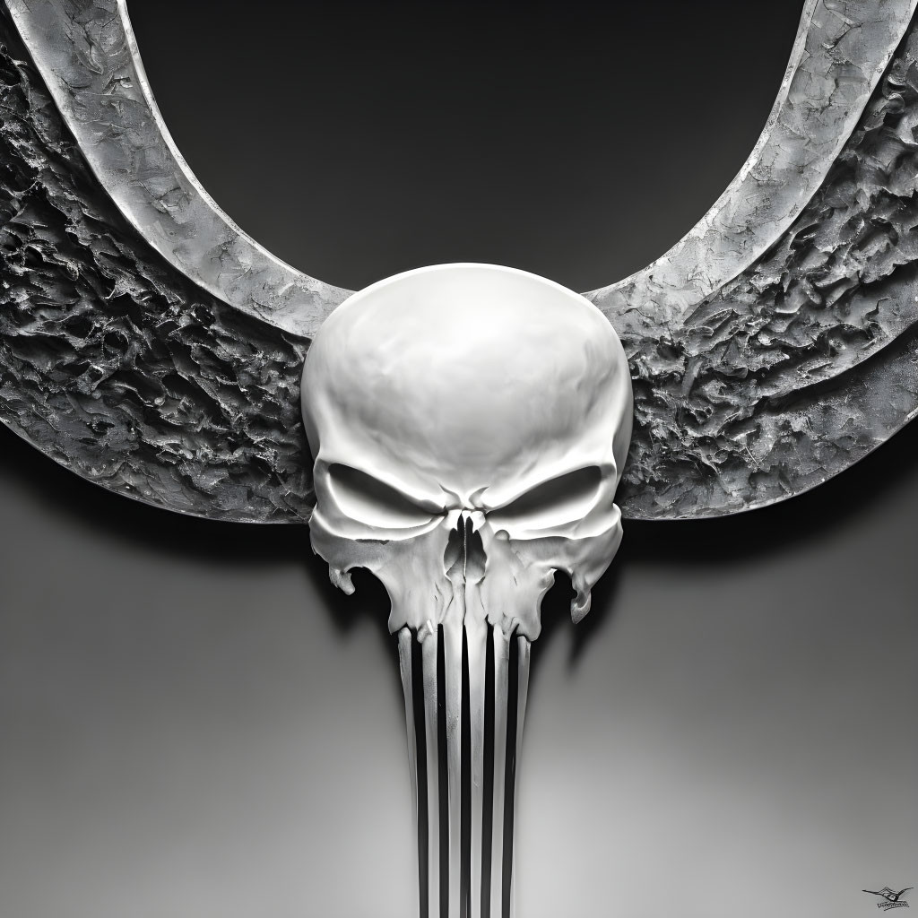 Stylized skull with elongated teeth on pitchfork against crescent moon backdrop