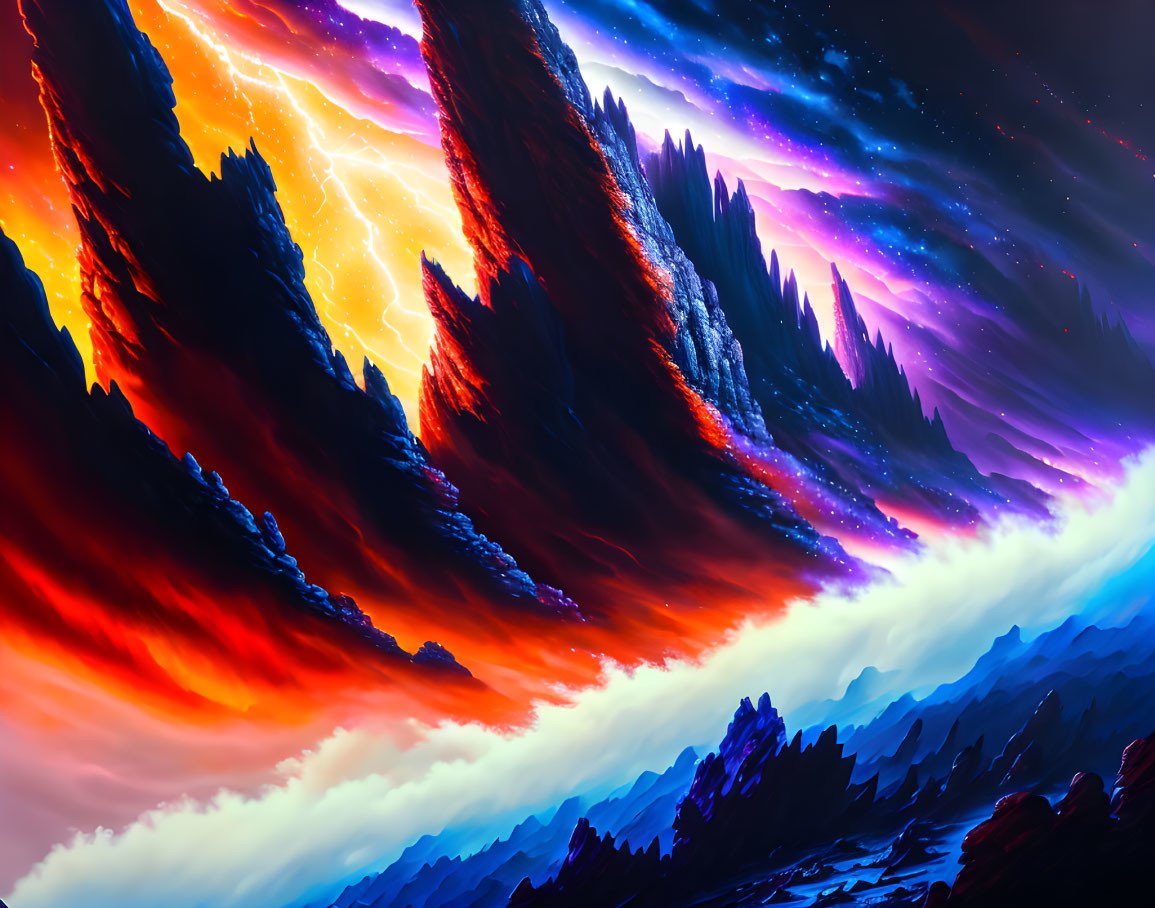 Colorful digital artwork: Majestic mountains under cosmic sky