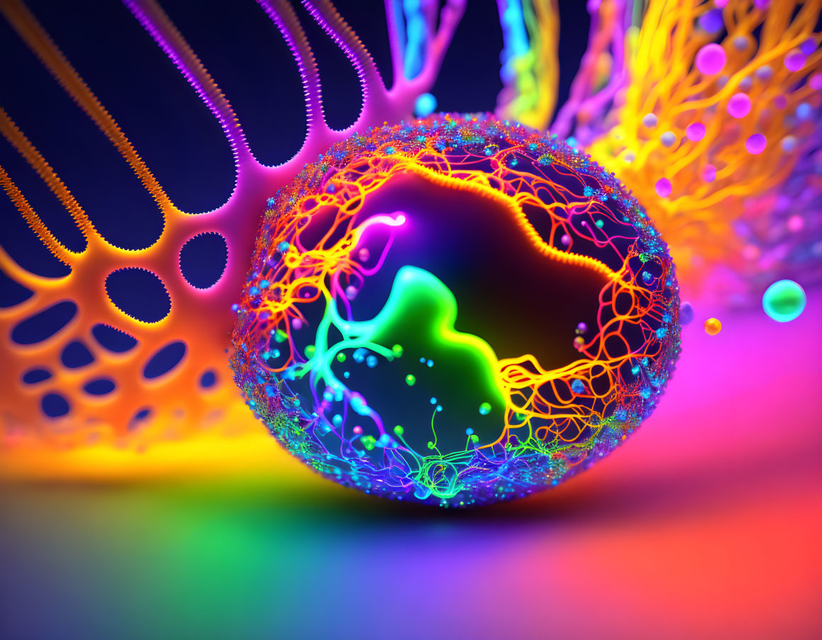 Vibrant abstract 3D rendering with hollow sphere and luminous patterns